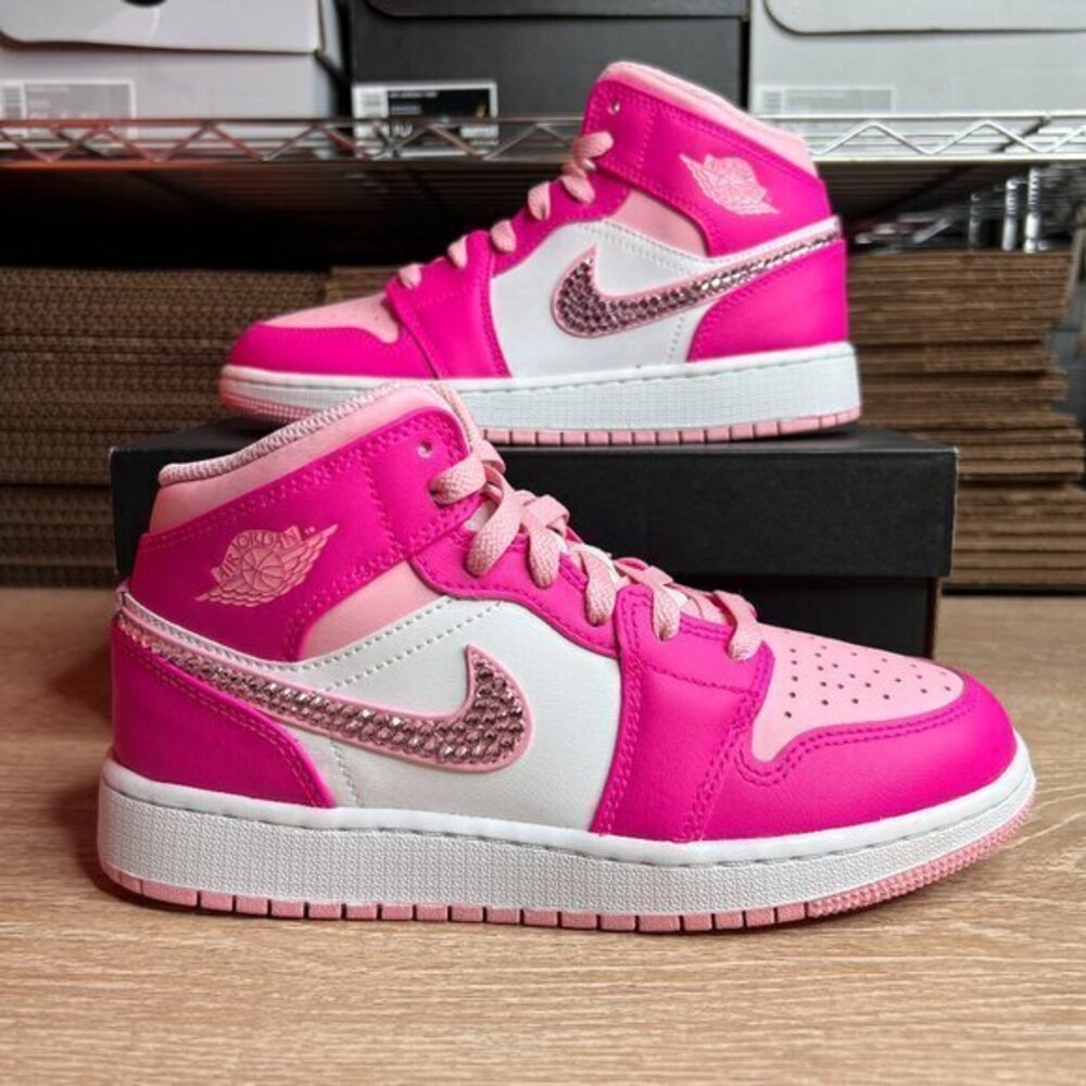Jordan 1 Mid Fierce Pink Custom Sneakers with Crystals